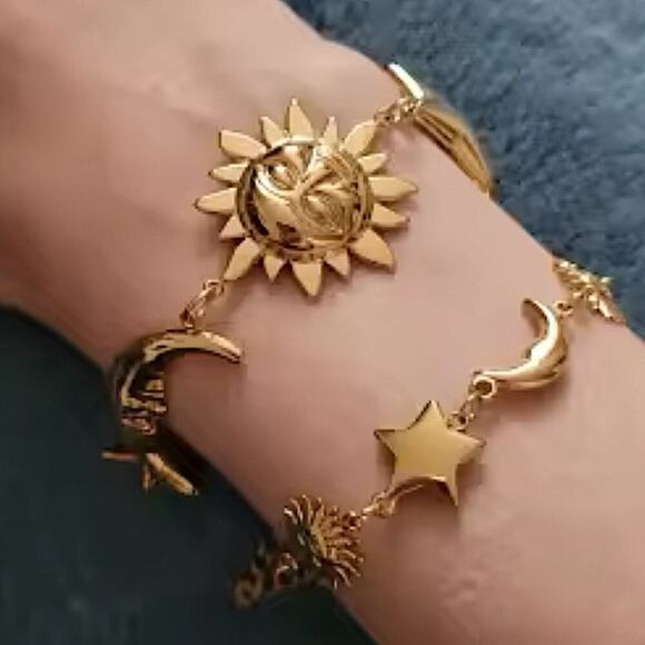 Gold Moon Star Sun Two Piece Chain Bracelet Set - Picture 6 of 10